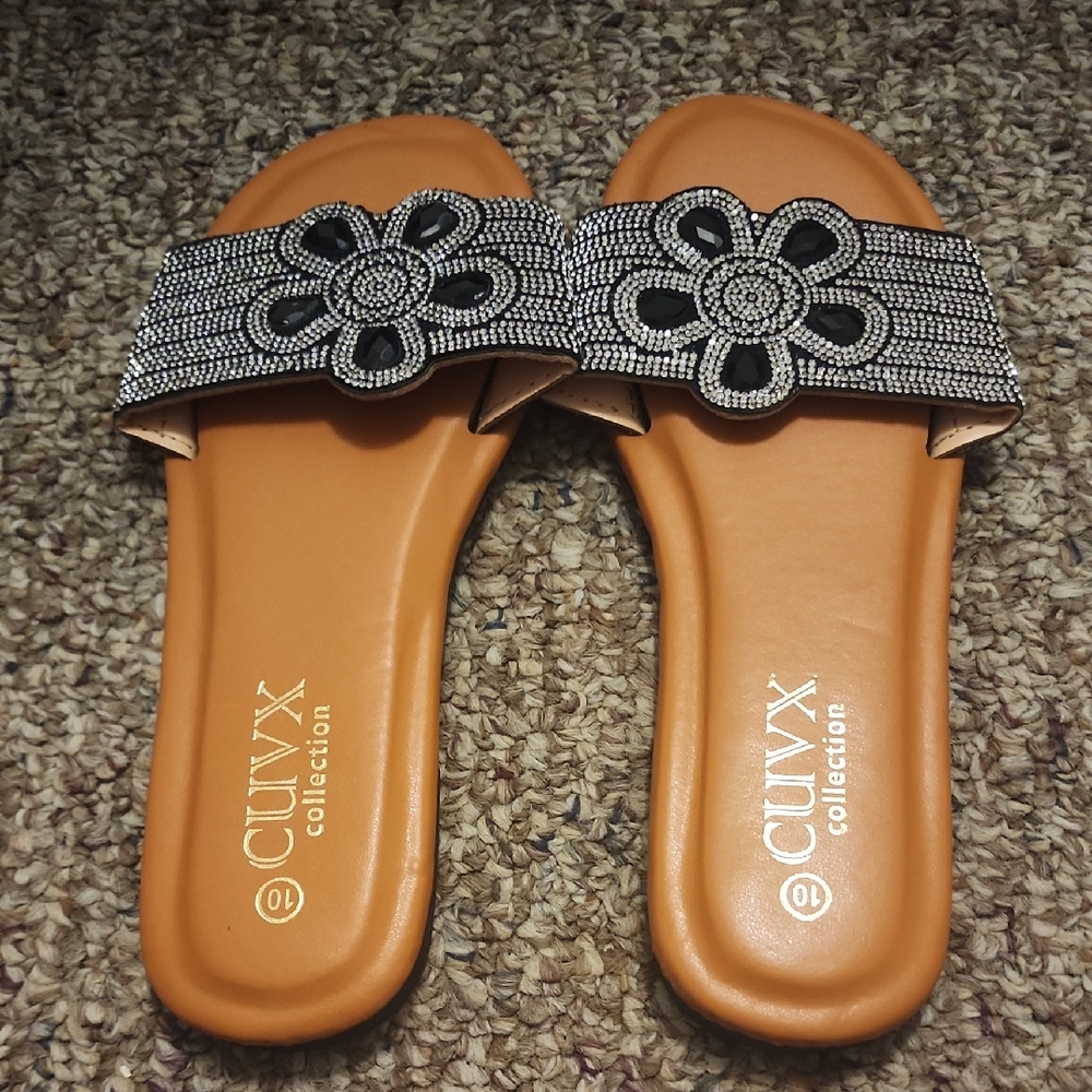 Cluvx Collection Tan Slide Sandals with Black Beaded Floral Strap